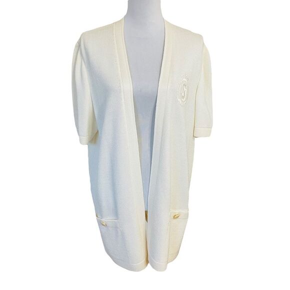 St John Embroidered Santana Knit Short Sleeve Cardigan Jacket Cream White - Picture 1 of 10